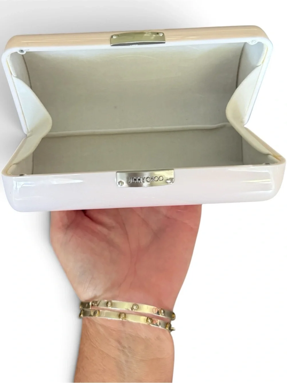 Jimmy Choo White Sunglasses Case with Silver Plaque